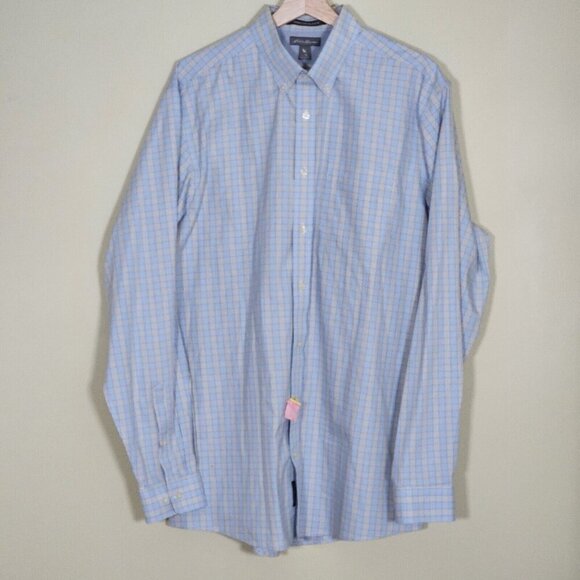 Eddie Bauer Shirt Mens Tall L Plaid LS Wrinkle Free Relaxed Fit Pocket Preppy - Picture 1 of 16